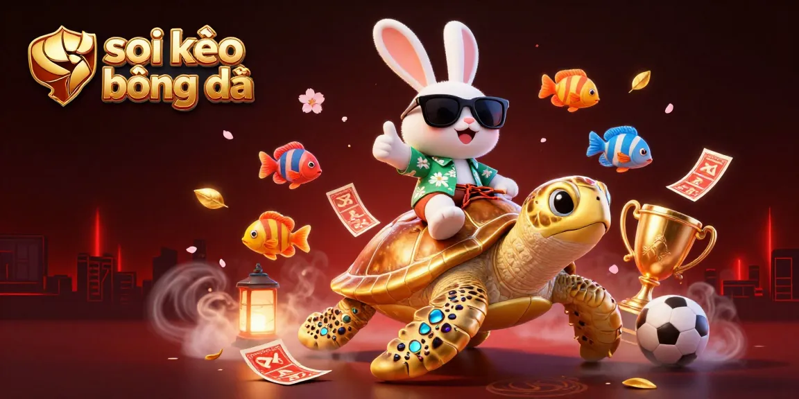 Soi kèo bóng đá action with a lucky rabbit riding a golden sea turtle amidst vibrant casino symbols.