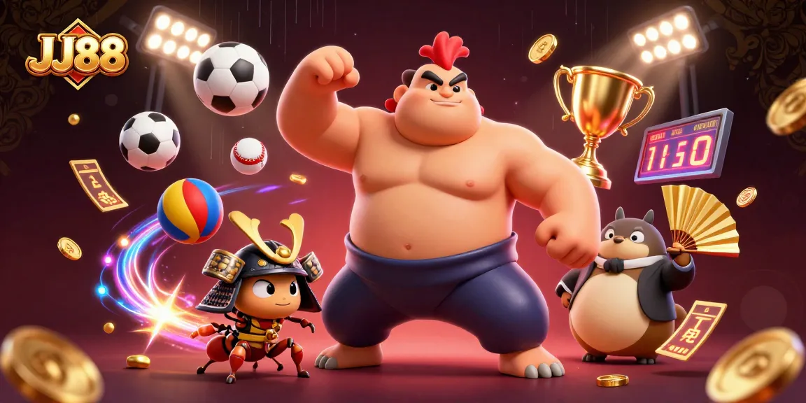 Experience thrilling action with JJ88 as a powerful sumo wrestler and animated characters in 3D digital casino art.